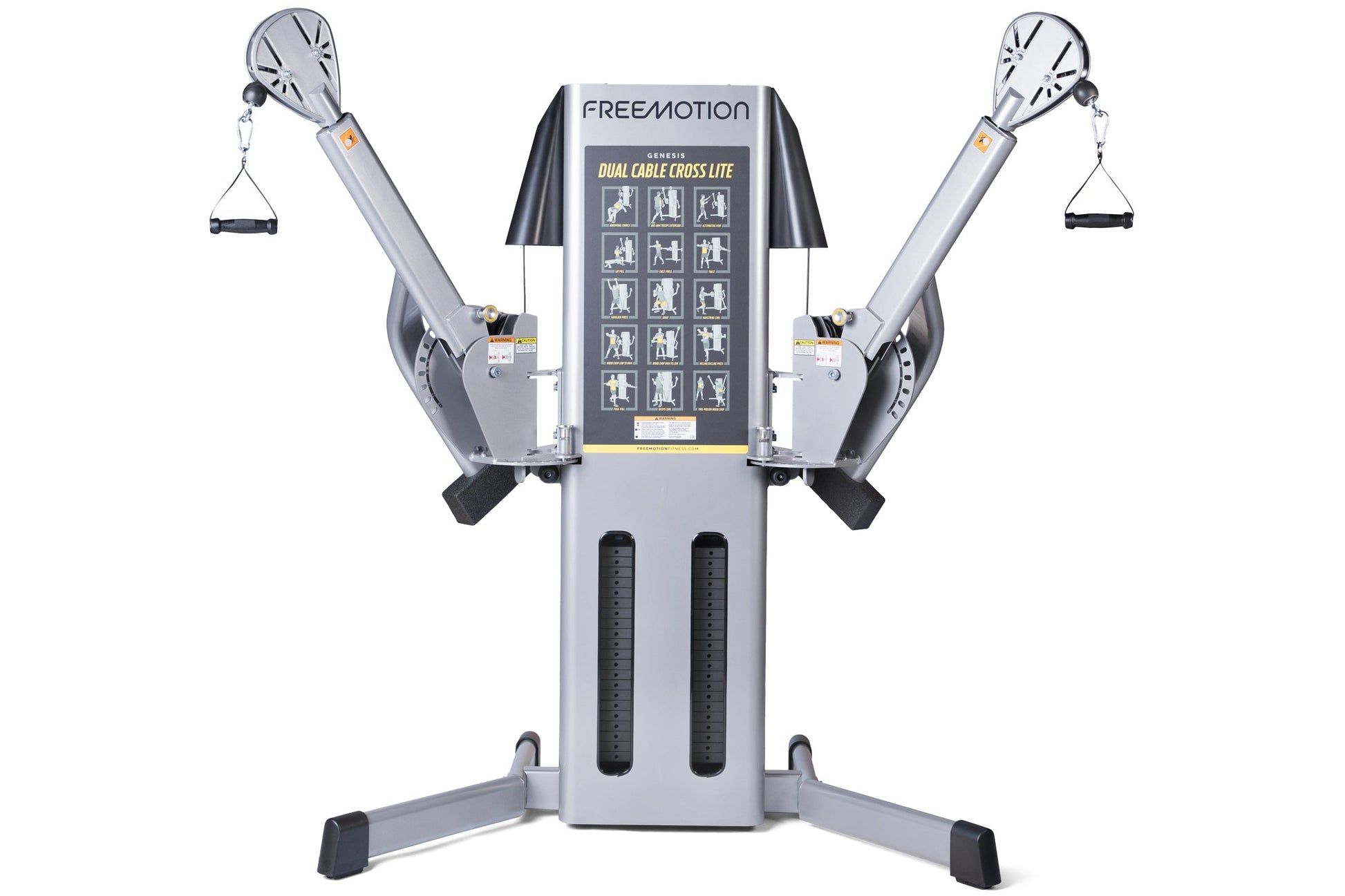 Freemotion Genesis Dual Cable Cross Lite machine with gray frame, dual adjustable arms with handles, and instruction chart on