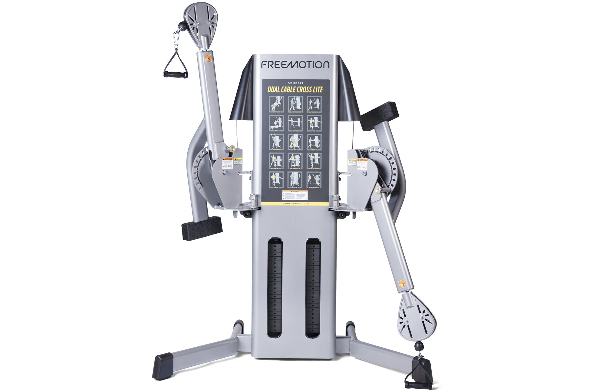 Freemotion Genesis Dual Cable Cross Lite machine with gray frame, black foot pedals, and instruction chart on central column,
