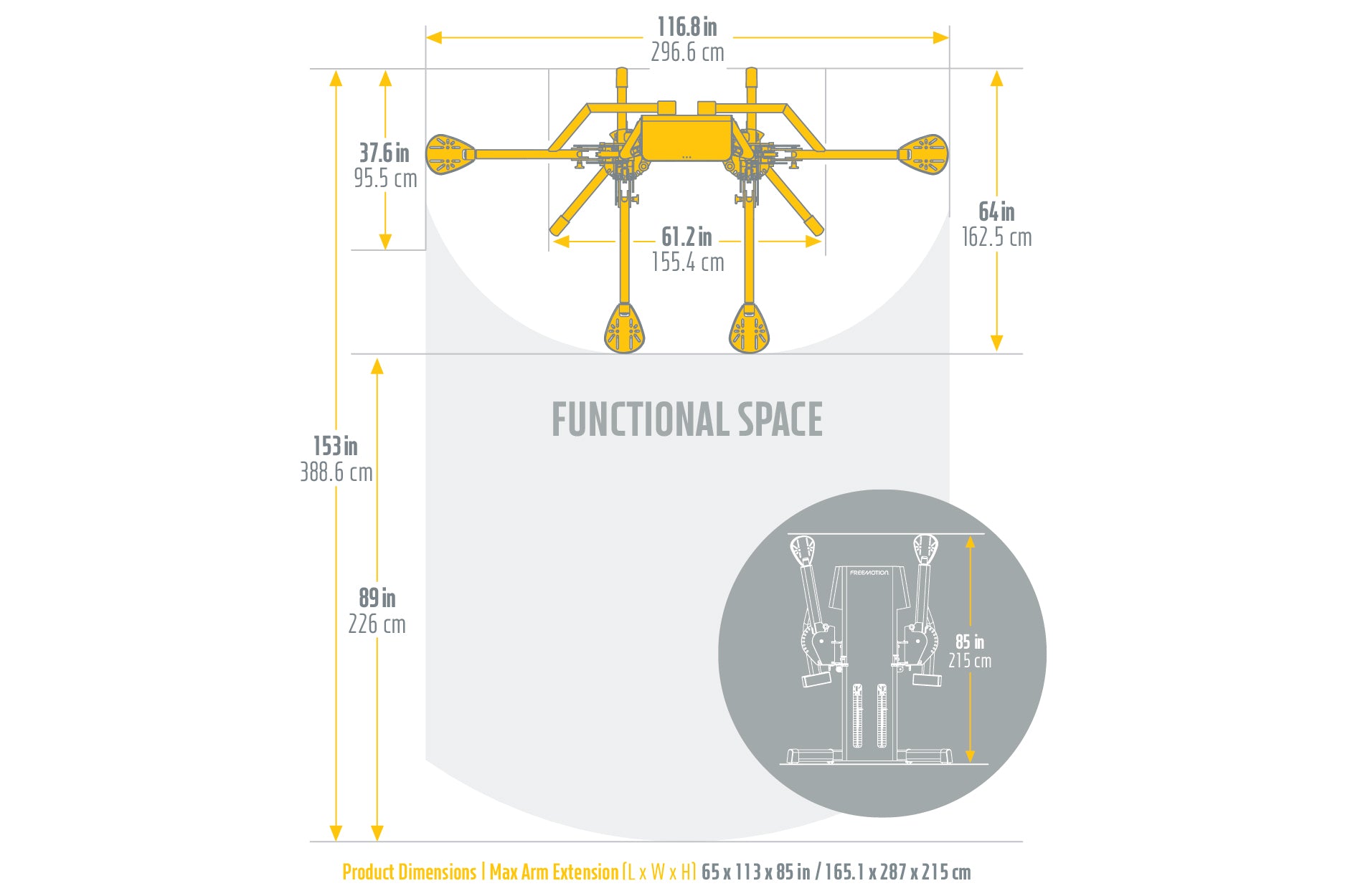 Freemotion G424 Dual Cable Cross Lite yellow gym equipment with dimensional specifications showing 116.8 inch width and funct