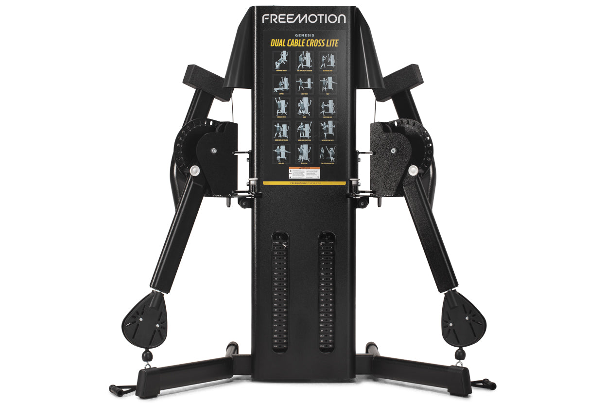 Freemotion Genesis Dual Cable Cross Lite black exercise machine with dual cable arms and exercise guide chart, front view on 