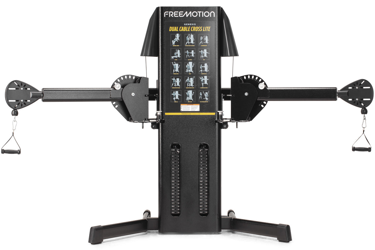 Freemotion G424 Dual Cable Cross Lite machine with black frame, dual cable arms with handles, and exercise guide chart on cen
