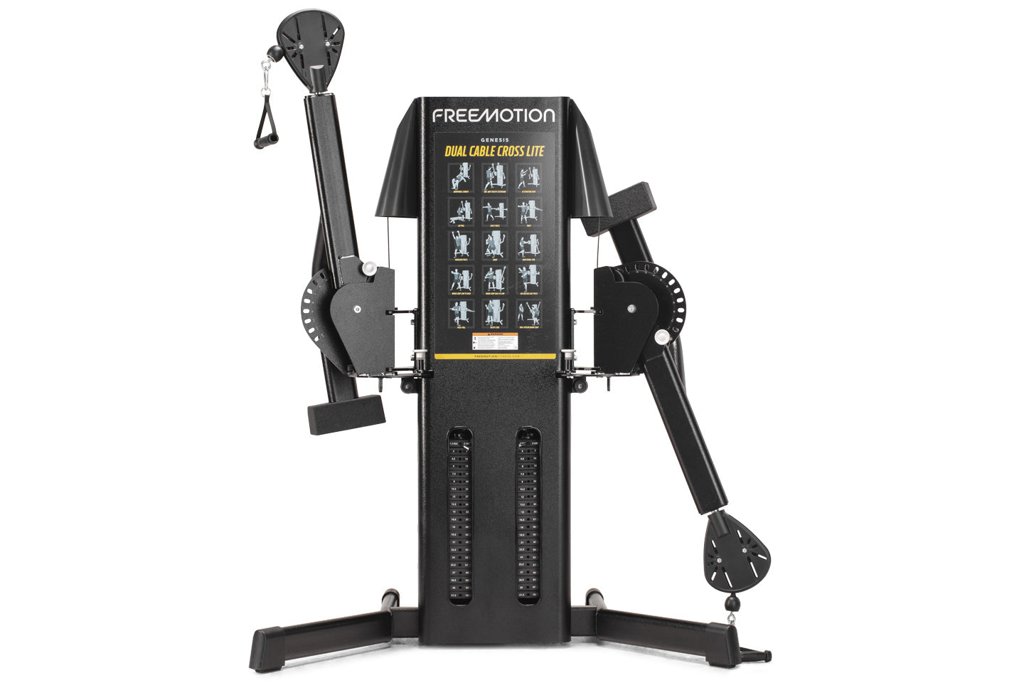 Freemotion Genesis Dual Cable Cross Lite machine with black frame, dual cable arms, and exercise guide on central display, fr