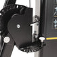 Black dual cable cross machine with numbered weight selector dial, white adjustment knobs, and instruction graphics on side p