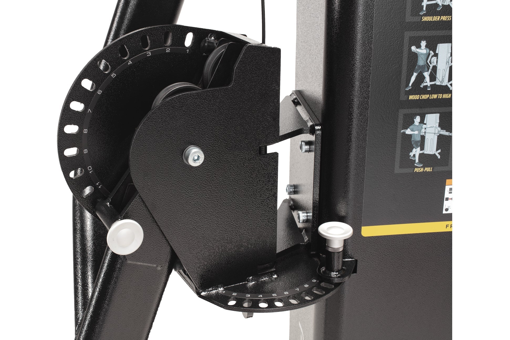 Black dual cable cross machine with numbered weight selector dial, white adjustment knobs, and instruction graphics on side p