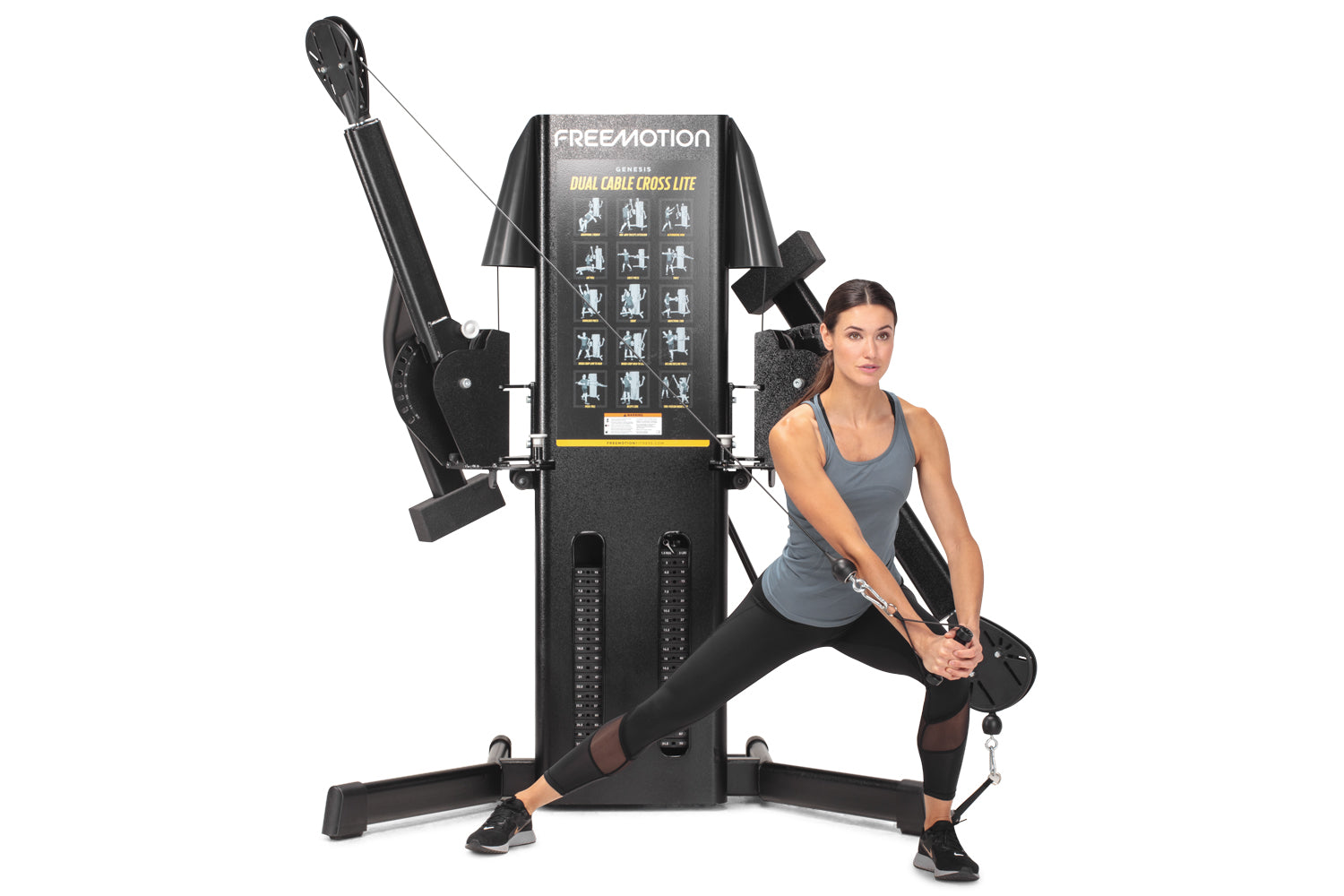 Freemotion G424 Dual Cable Cross Lite machine in black with instruction chart, woman demonstrating exercise movement with cab