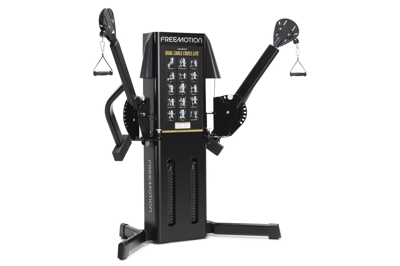 Freemotion Genesis dual cable cross lite machine with black frame, dual adjustable arms with handles, and instruction chart o
