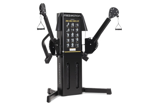 Freemotion Genesis dual cable cross lite machine with black frame, dual adjustable arms with handles, and instruction chart o
