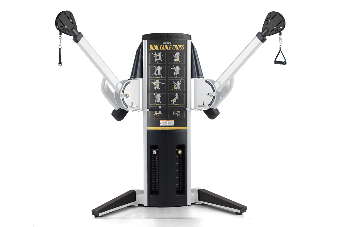 Freemotion Genesis dual cable cross machine with black and white frame, instruction chart, and adjustable handles on white ba