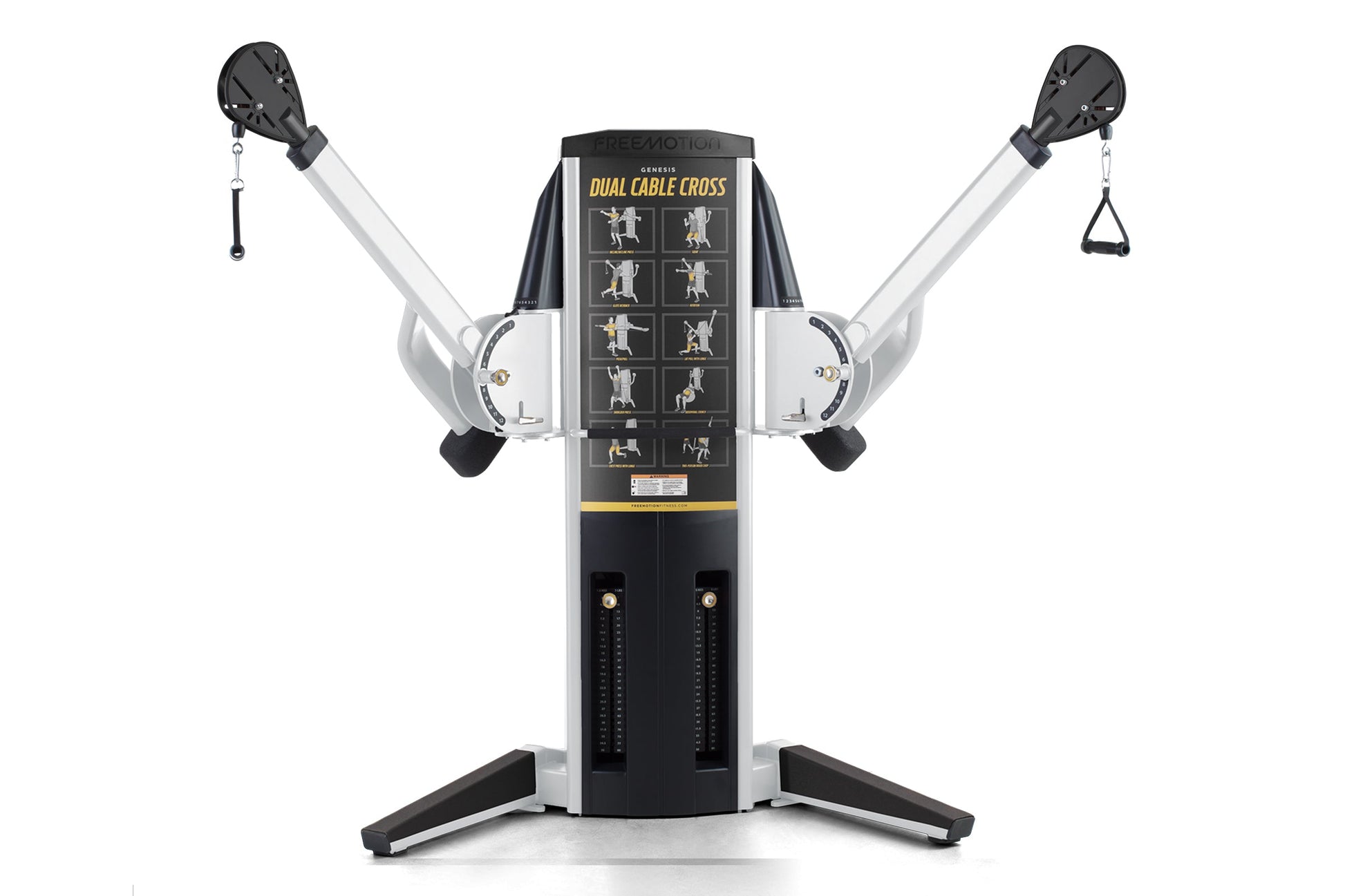 Freemotion Genesis dual cable cross machine with black and white frame, instruction chart, and adjustable handles on white ba