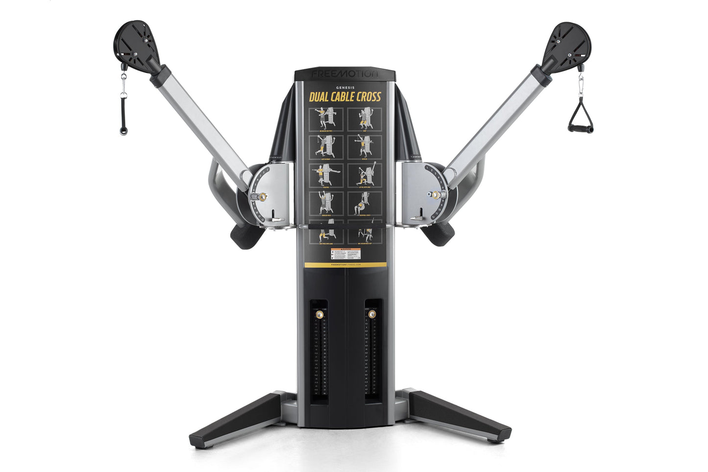 Freemotion Genesis G624 Dual Cable Cross machine with black and gray frame, dual adjustable cable arms with handles, and inst