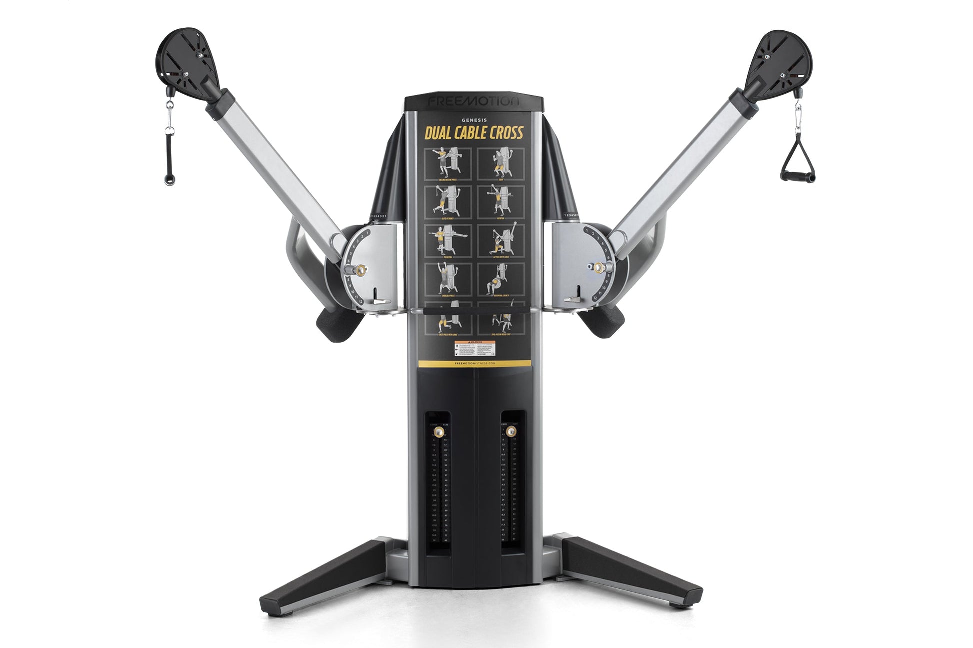 Freemotion Genesis G624 Dual Cable Cross machine with black and gray frame, dual adjustable cable arms with handles, and inst