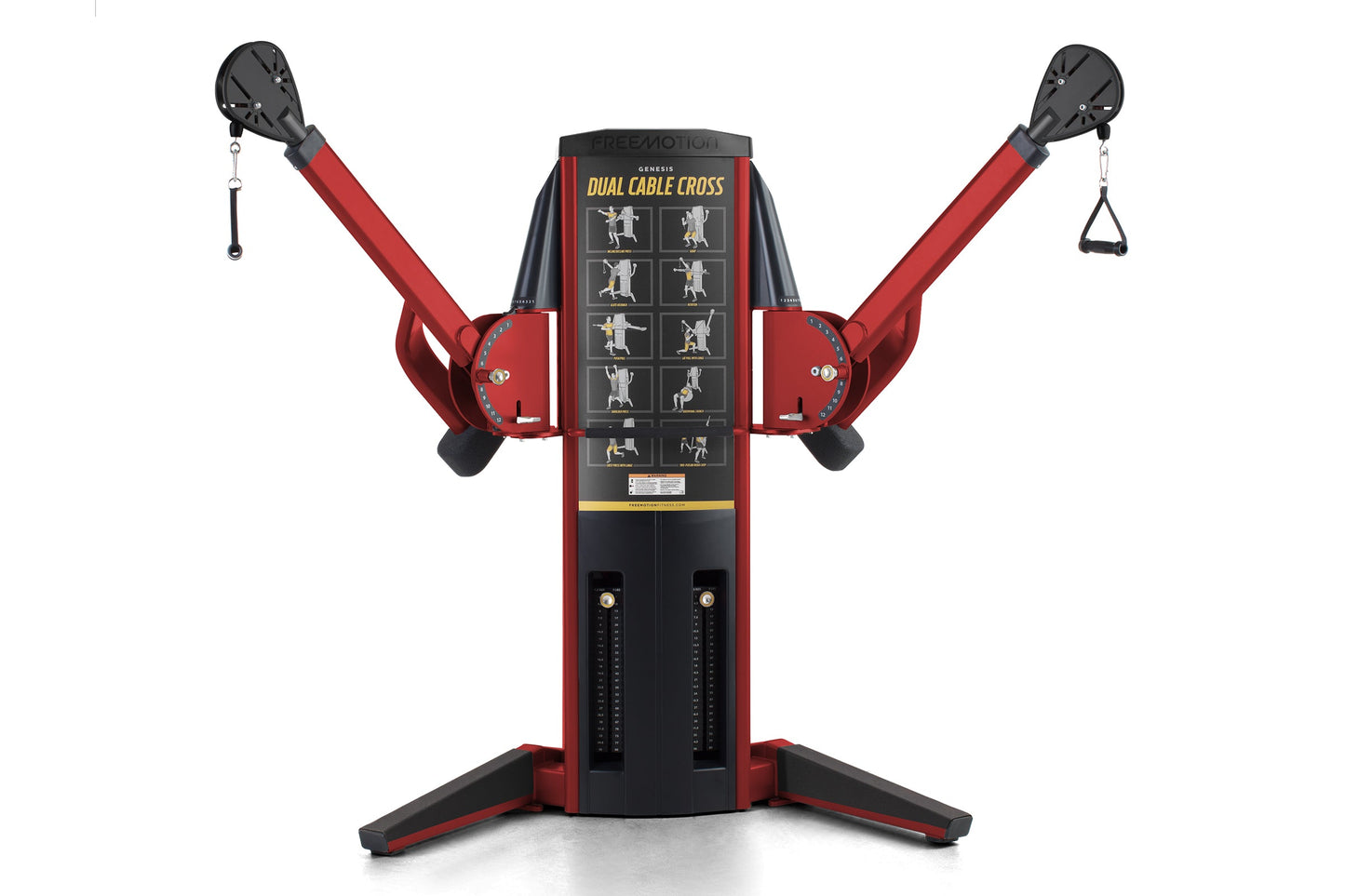 Freemotion Genesis G624 Dual Cable Cross exercise machine with red arms, black central tower, and dual cable handles on white