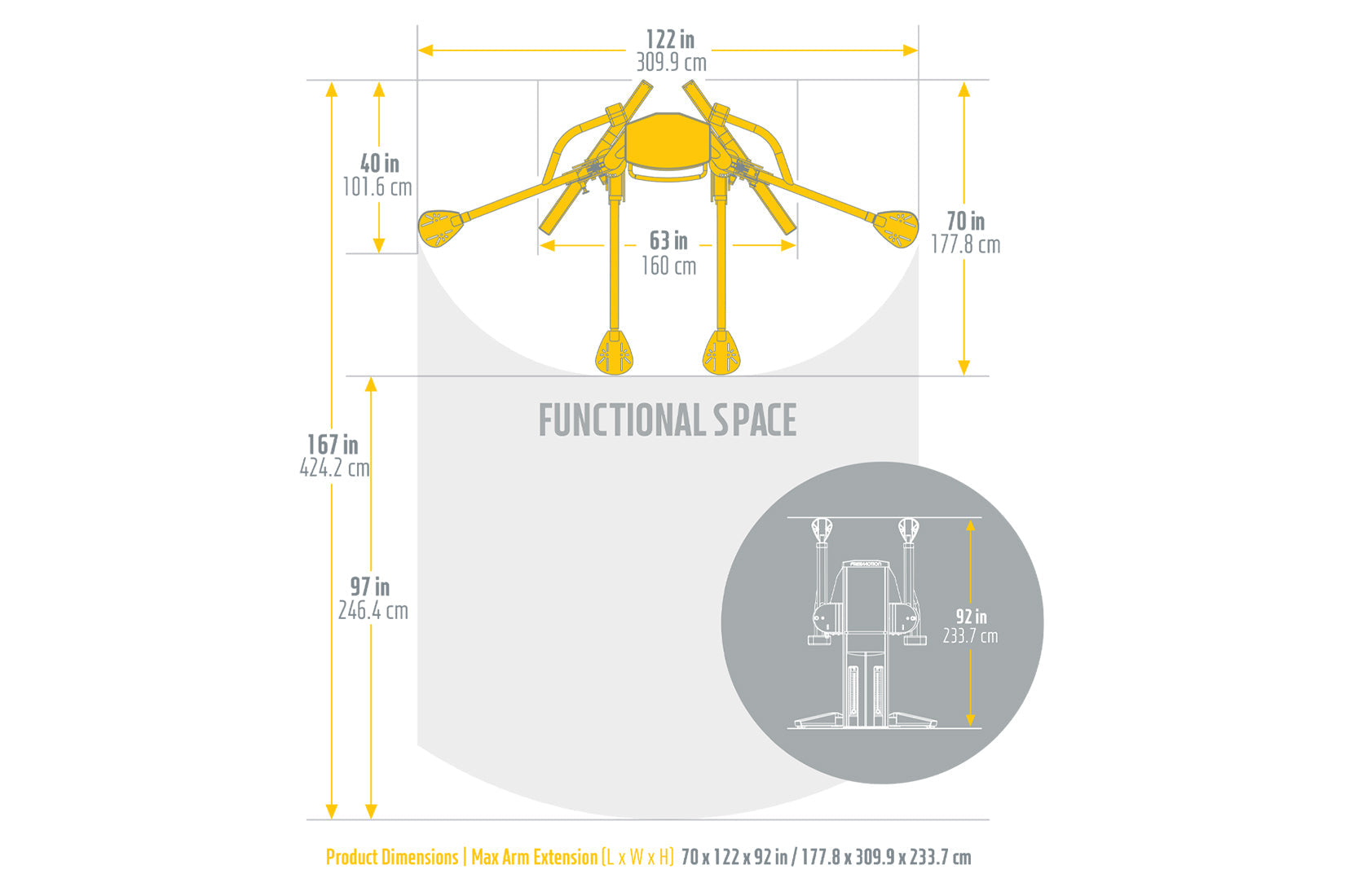 Yellow dual cable crossover machine with curved arms, illustrated dimensions showing 122 inches wide and 167 inches tall, wit