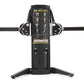 Black dual cable cross machine with yellow instruction graphics, adjustable arms with handles, and wide stable base on white 