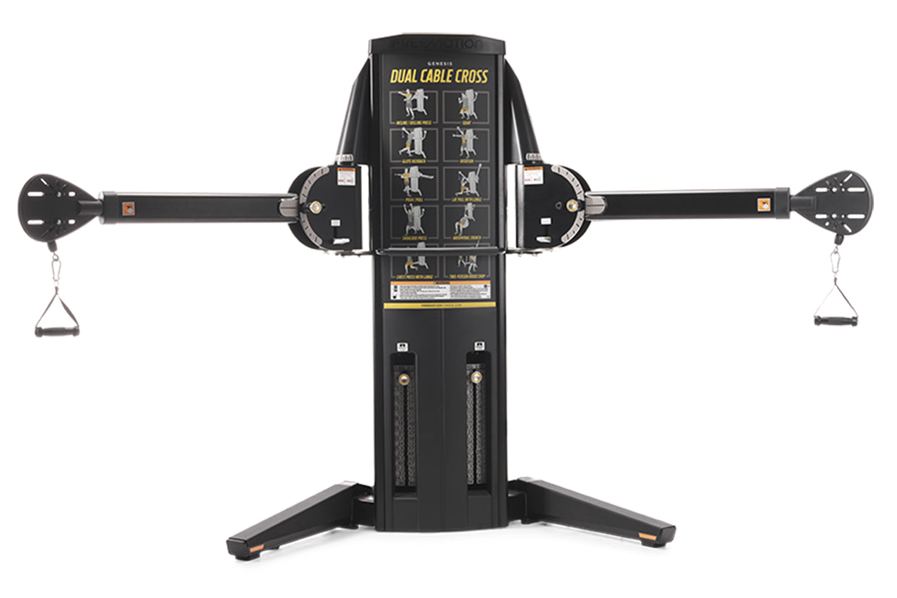 Black dual cable cross machine with yellow instruction graphics, adjustable arms with handles, and wide stable base on white 