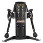 Black dual cable cross gym machine with instruction chart, dual rotating arms with black handles, weight stacks, and wide bas