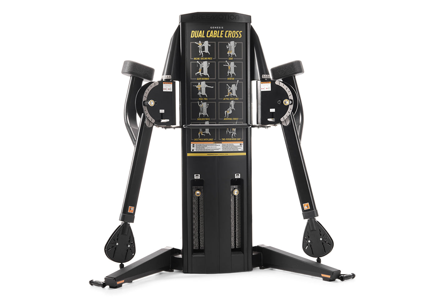 Black dual cable cross gym machine with instruction chart, dual rotating arms with black handles, weight stacks, and wide bas