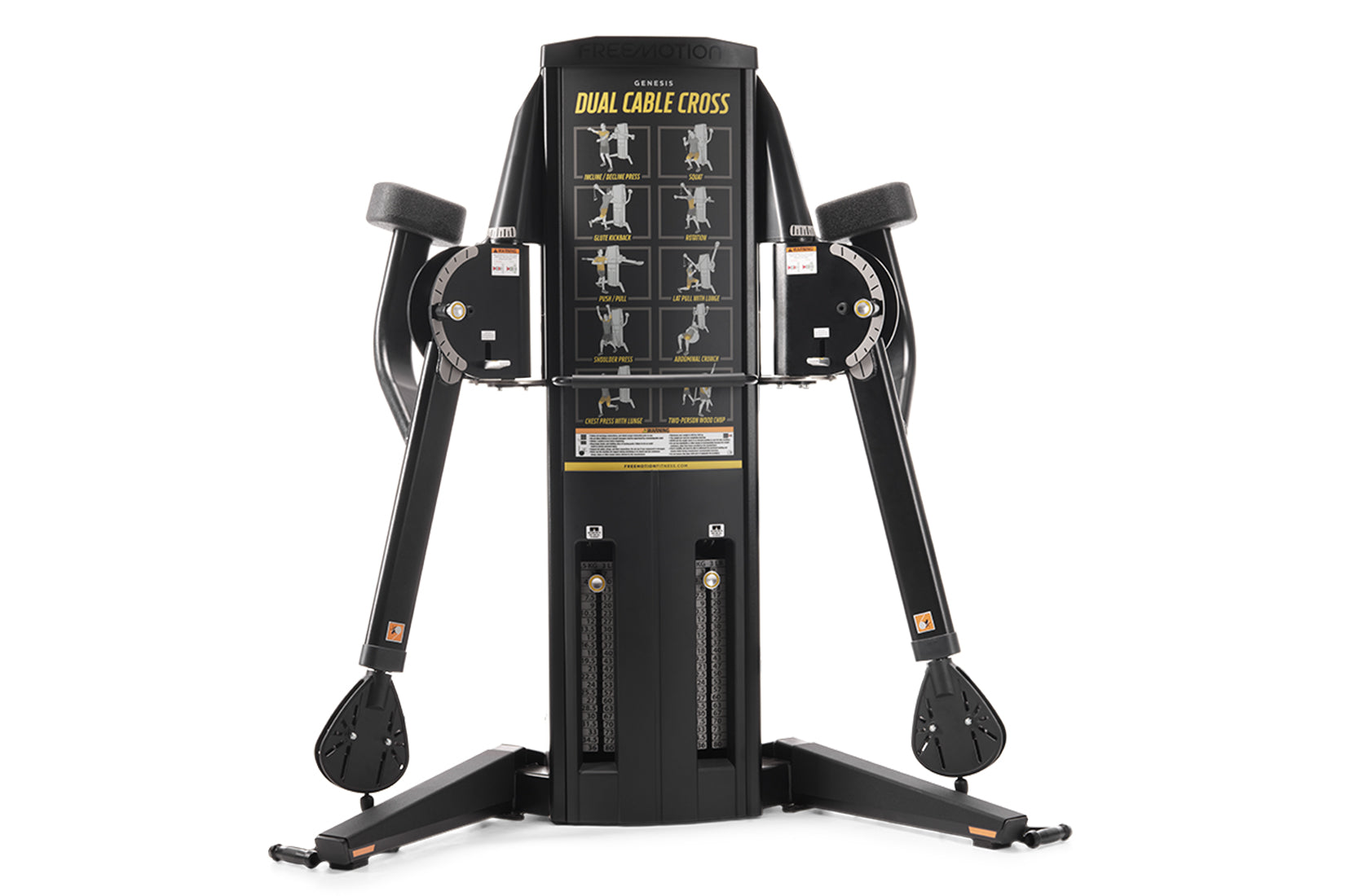 Black dual cable cross gym machine with instruction chart, dual rotating arms with black handles, weight stacks, and wide bas