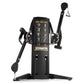 Black dual cable cross machine with instruction placard, dual adjustable arms with handles and foot platform on white backgro