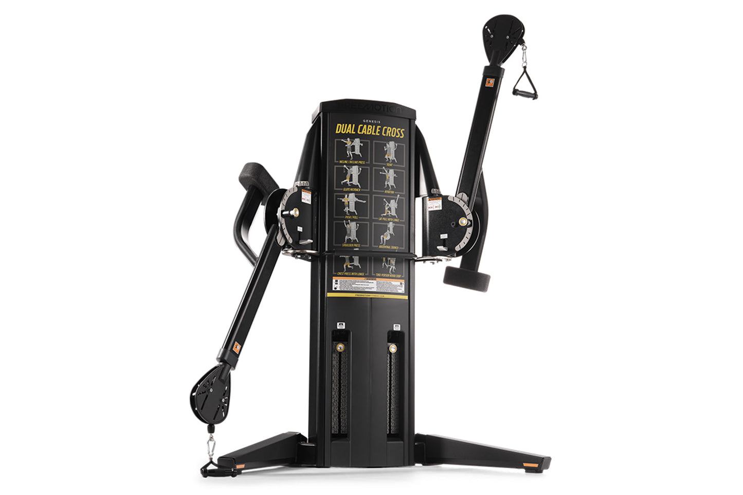 Black dual cable cross machine with instruction placard, dual adjustable arms with handles and foot platform on white backgro