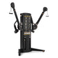 Black dual cable cross exercise machine with instruction diagram on center panel and two adjustable arm handles with foot pla