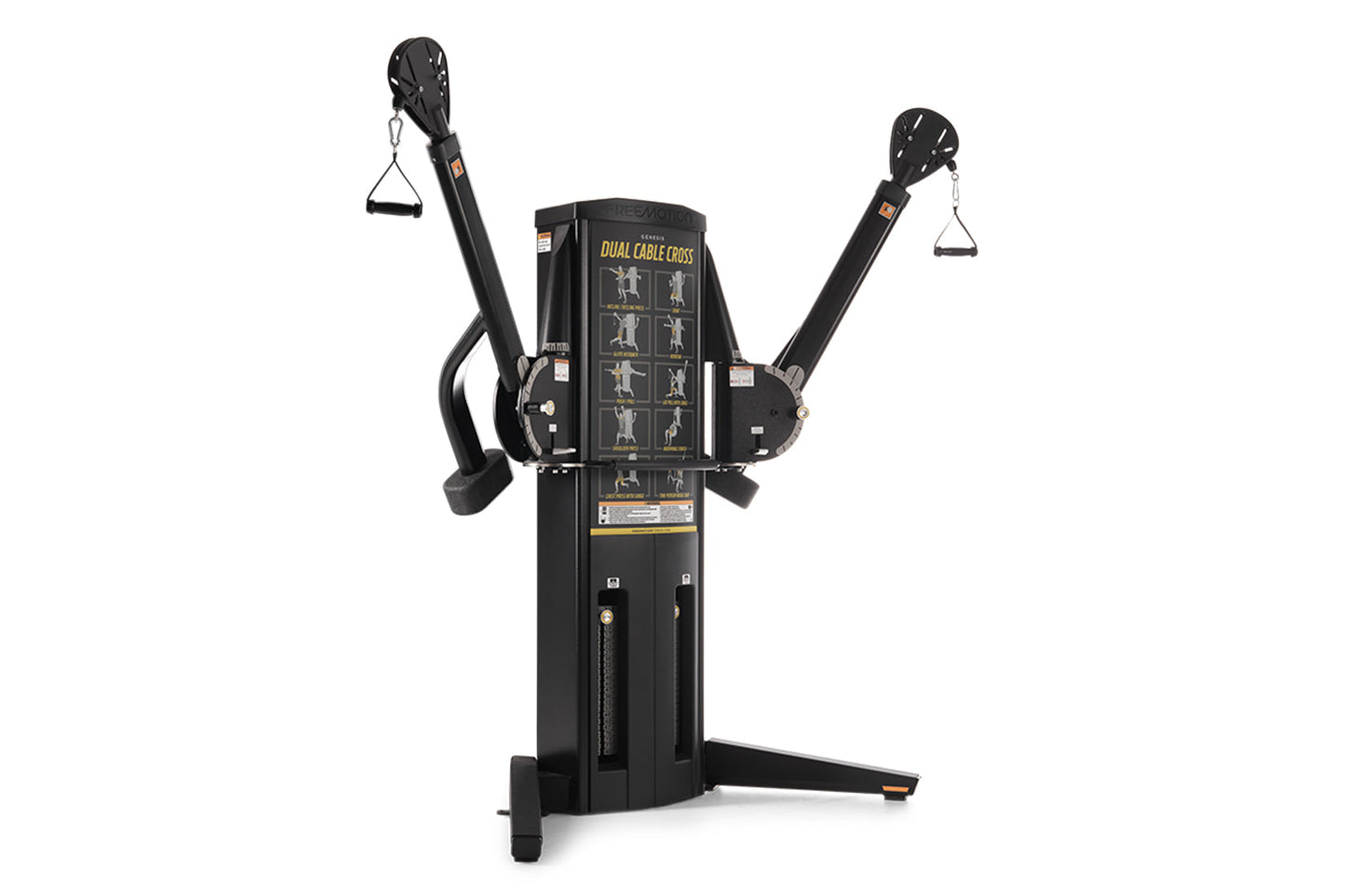 Black dual cable cross exercise machine with instruction diagram on center panel and two adjustable arm handles with foot pla