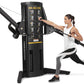 Freemotion Genesis G624 dual cable cross machine in black with instruction chart, demonstrated by woman in white tank top and