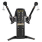 Black Freemotion dual cable cross machine with two adjustable arms, triangular handles, and instruction panel on white backgr