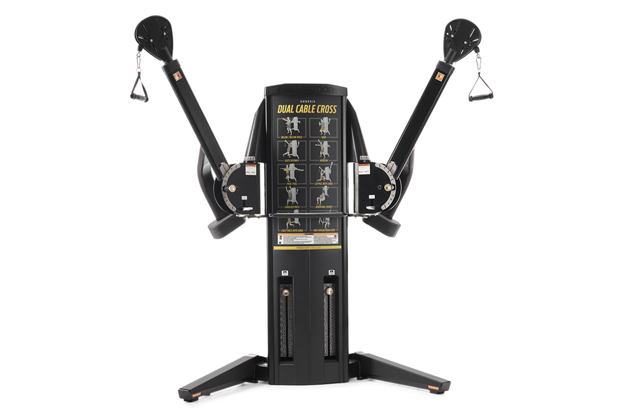 Black Freemotion dual cable cross machine with two adjustable arms, triangular handles, and instruction panel on white backgr