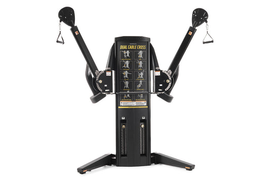 Black Freemotion dual cable cross machine with two adjustable arms, triangular handles, and instruction panel on white backgr
