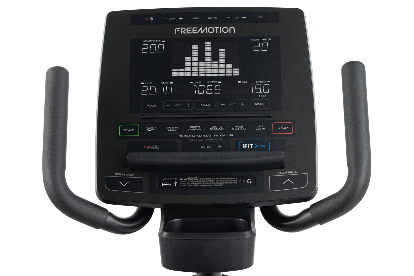 Black Freemotion recumbent exercise bike with digital display showing heart rate, time, calories, watts, distance and speed m
