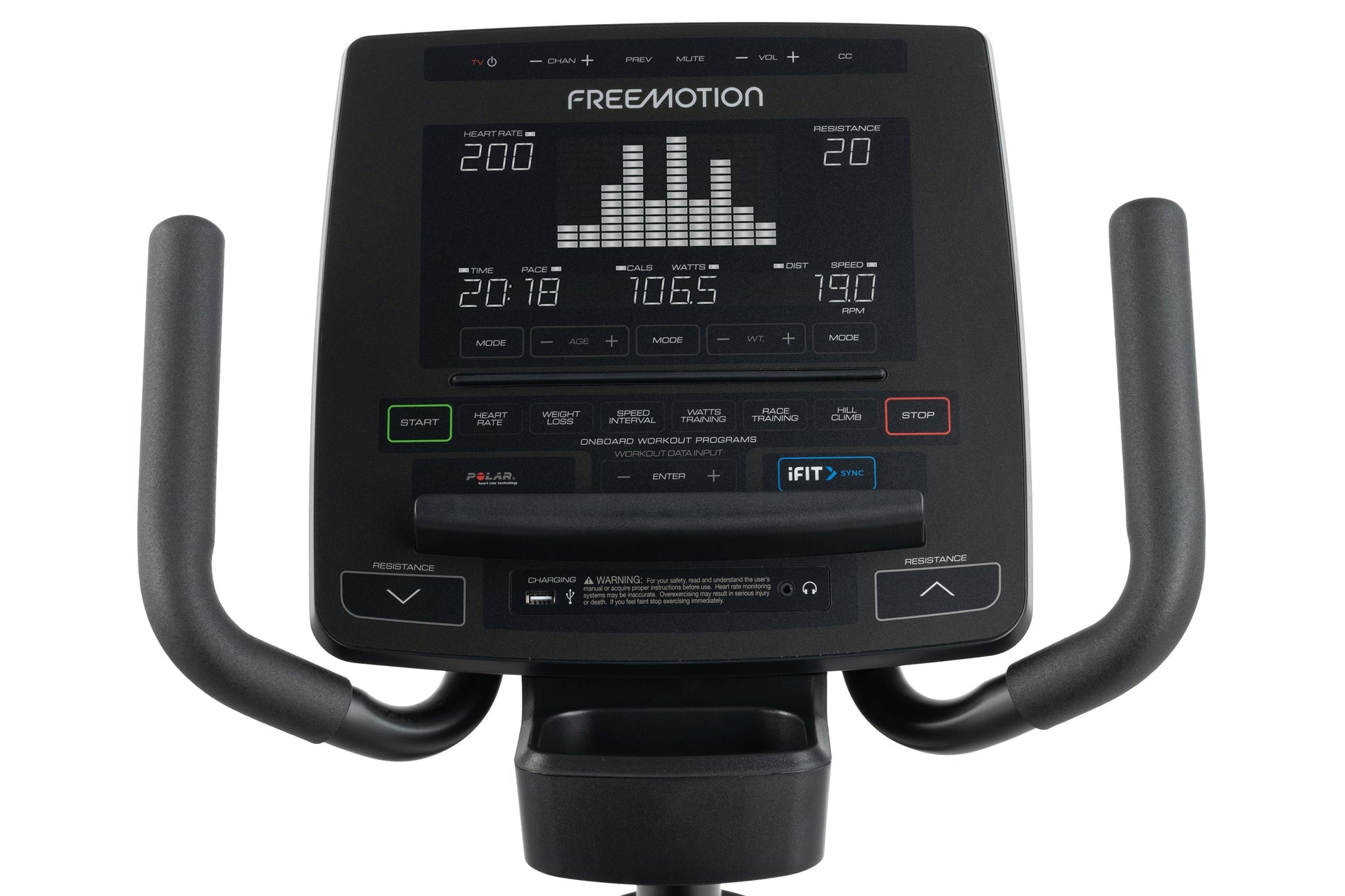 Black Freemotion recumbent exercise bike with digital display showing heart rate, time, calories, watts, distance and speed m