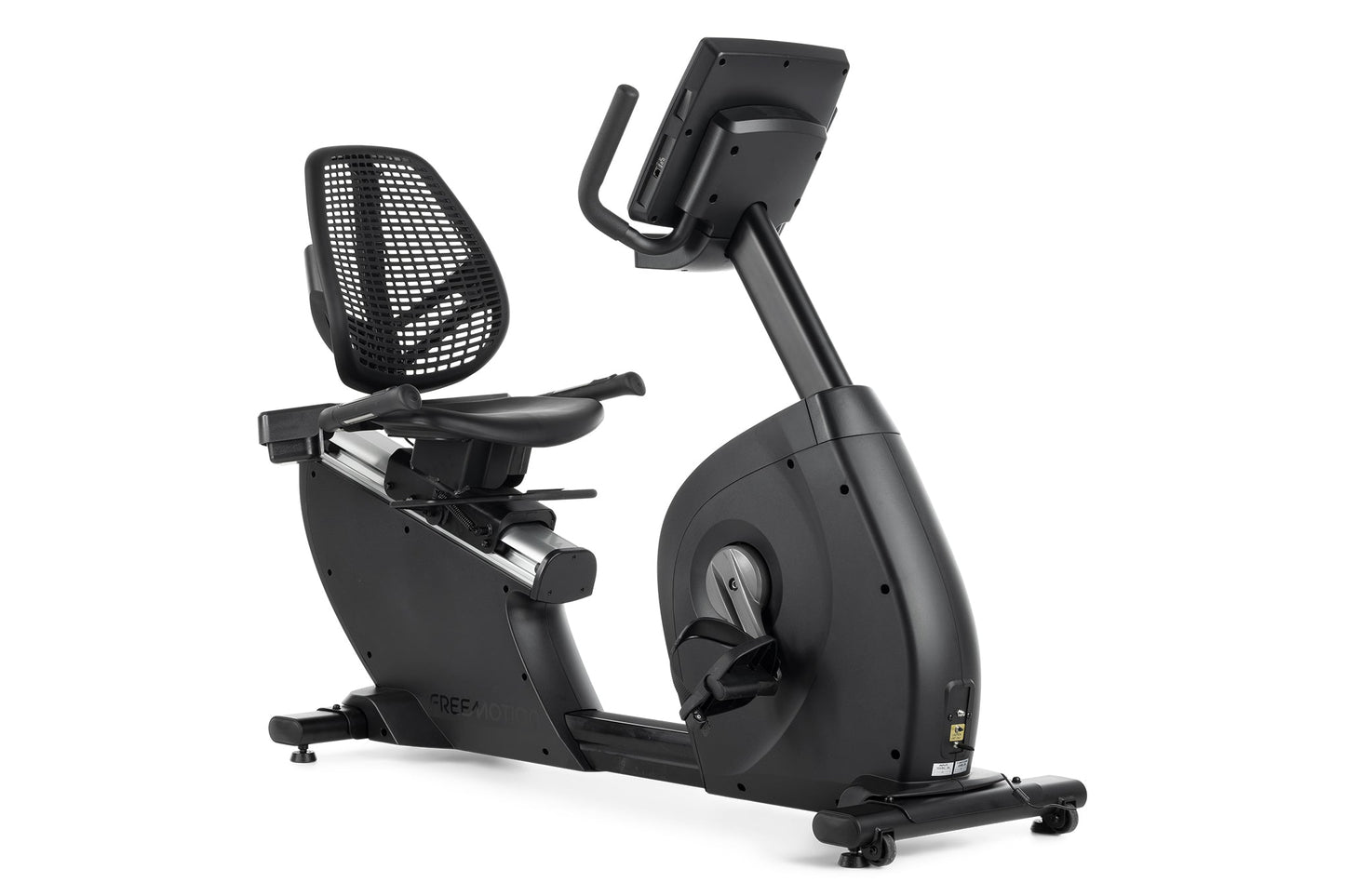 Black recumbent exercise bike with mesh backrest, padded seat, upright digital display, and wheel base on white background