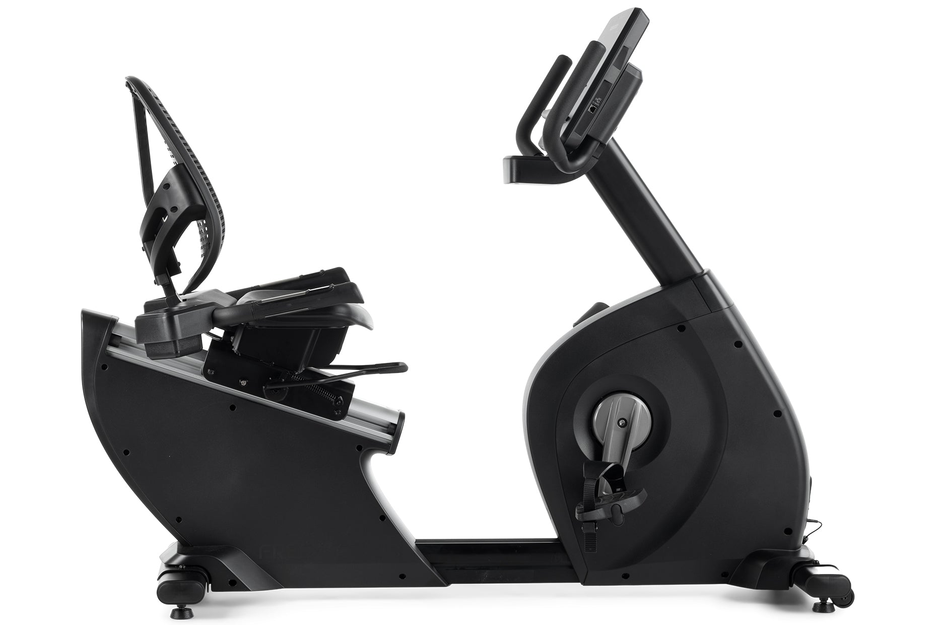 Black recumbent exercise bike with curved seat, digital console mounted on handlebar, and large wheel base on white backgroun