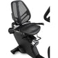 Black recumbent exercise bike with mesh backrest, padded seat, and integrated console on white background
