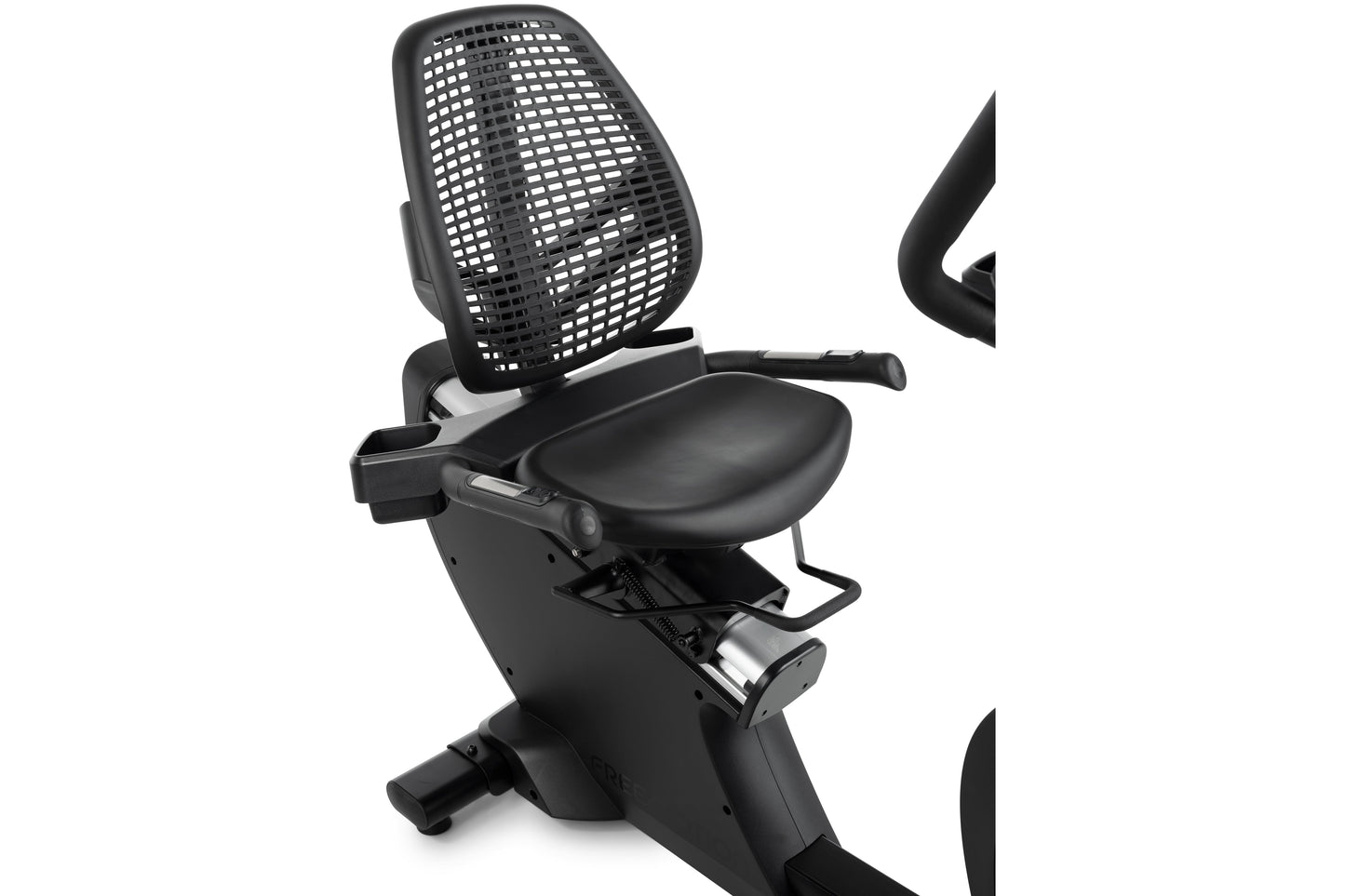 Black recumbent exercise bike with mesh backrest, padded seat, and integrated console on white background