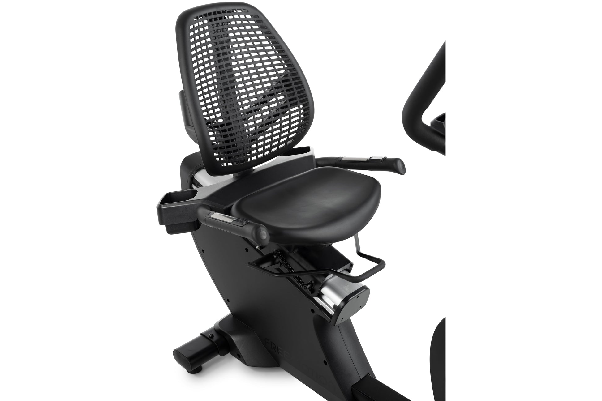Black recumbent exercise bike with mesh backrest, padded seat, and integrated console on white background