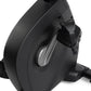 Black recumbent exercise bike seat and frame detail showing curved backrest, padded seat cushion, and adjustment mechanisms o