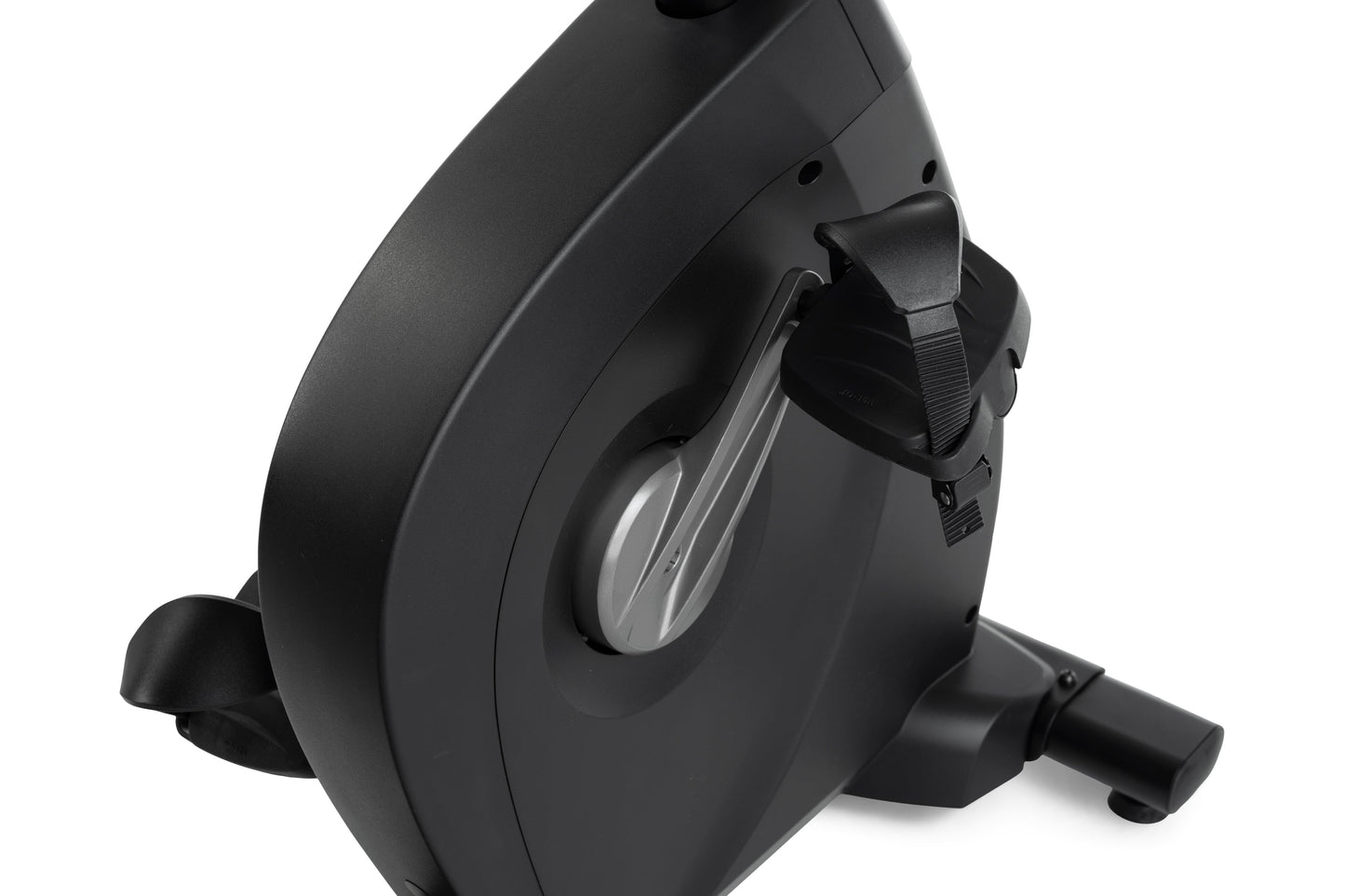 Black recumbent exercise bike seat and frame detail showing curved backrest, padded seat cushion, and adjustment mechanisms o