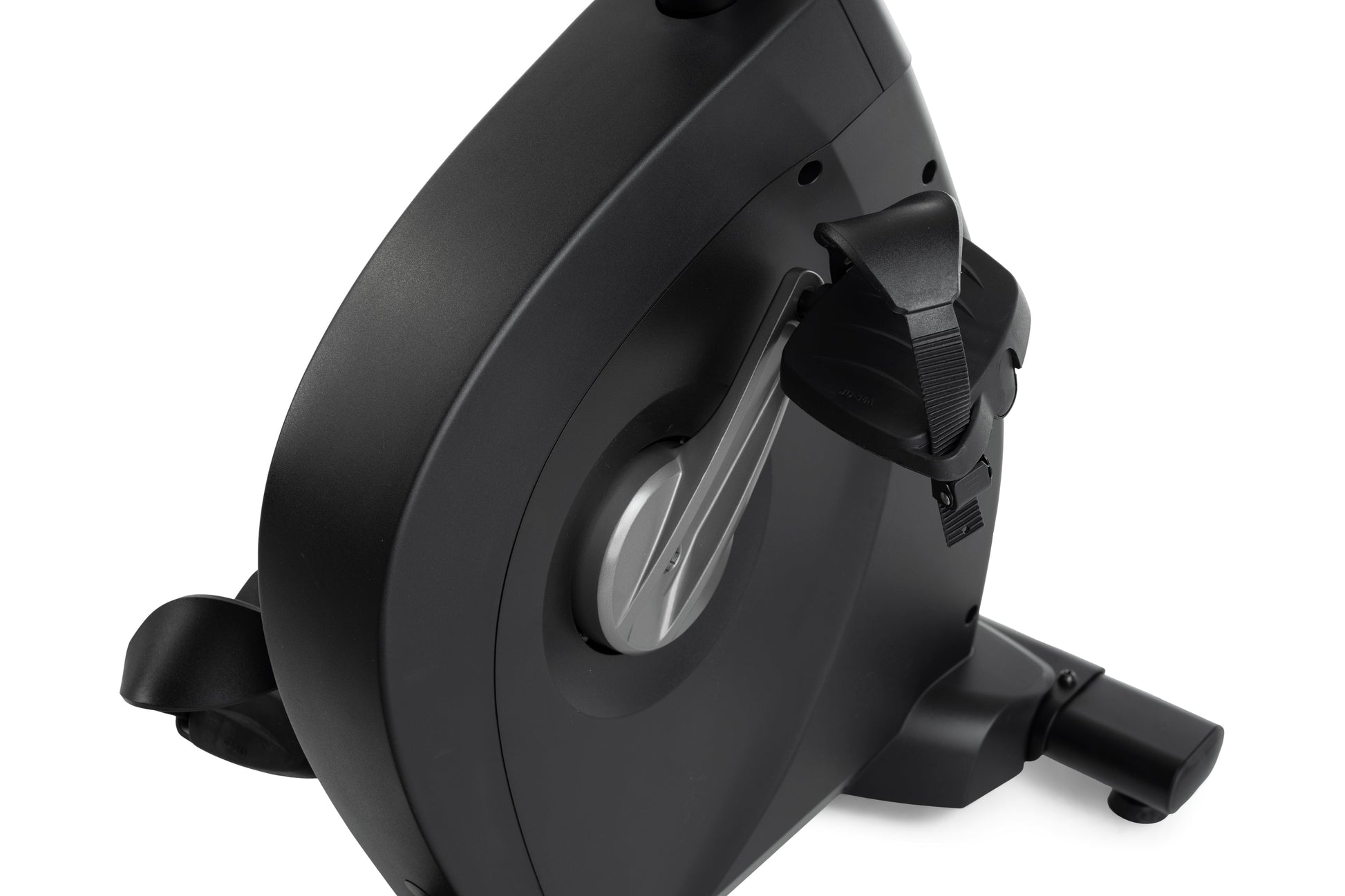Black recumbent exercise bike seat and frame detail showing curved backrest, padded seat cushion, and adjustment mechanisms o