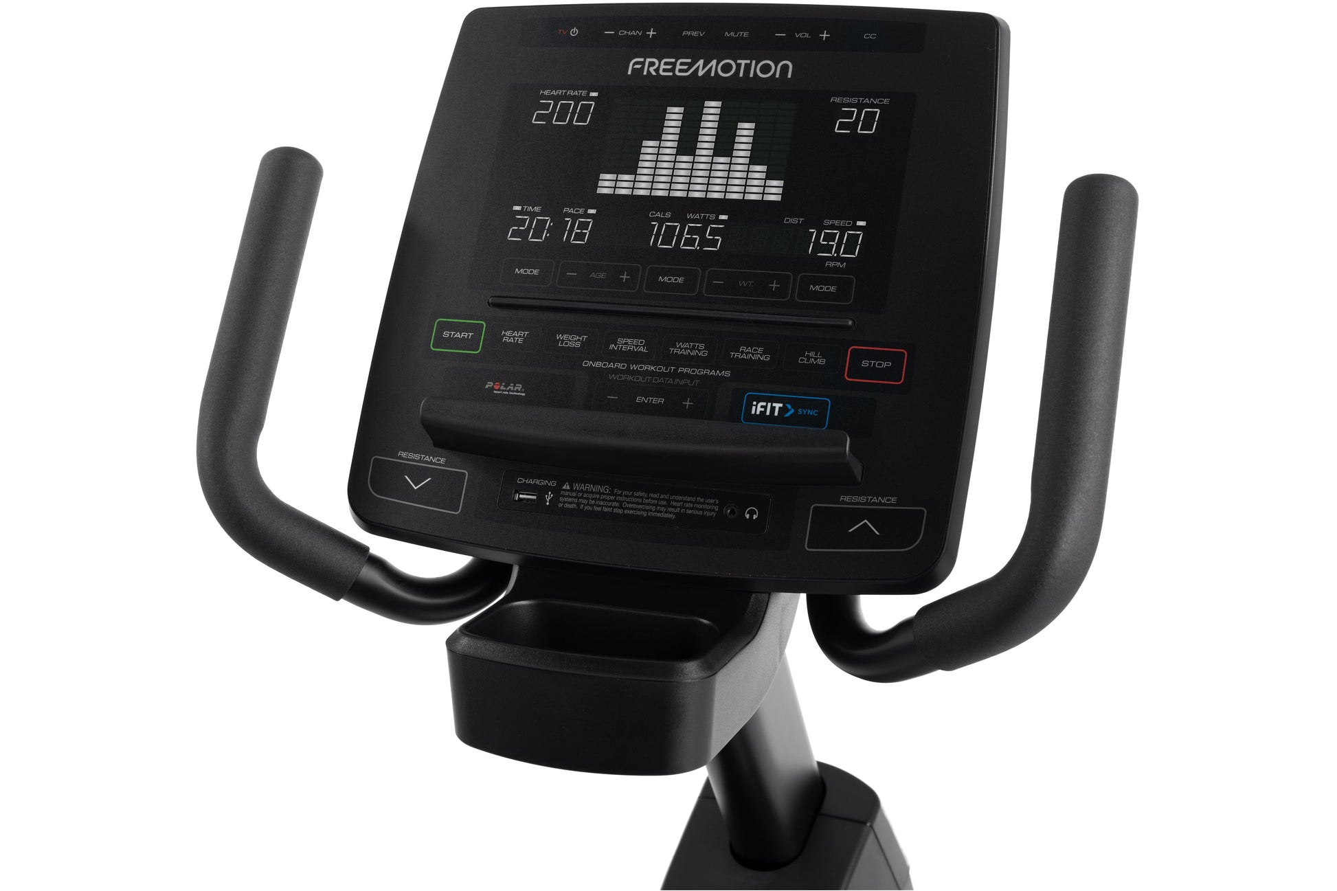 Freemotion r10.9b recumbent exercise bike with black console, curved handles, and digital display showing heart rate and work