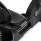 Black recumbent exercise bike with padded seat, adjustable footrest, and digital display console on white background