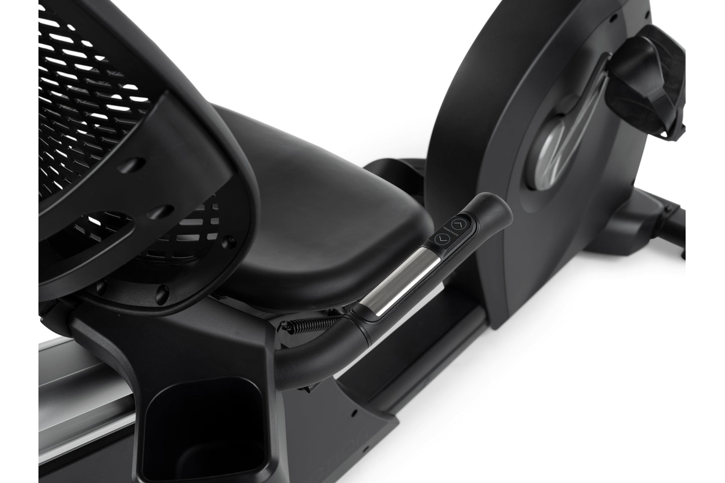 Black recumbent exercise bike with padded seat, adjustable footrest, and digital display console on white background