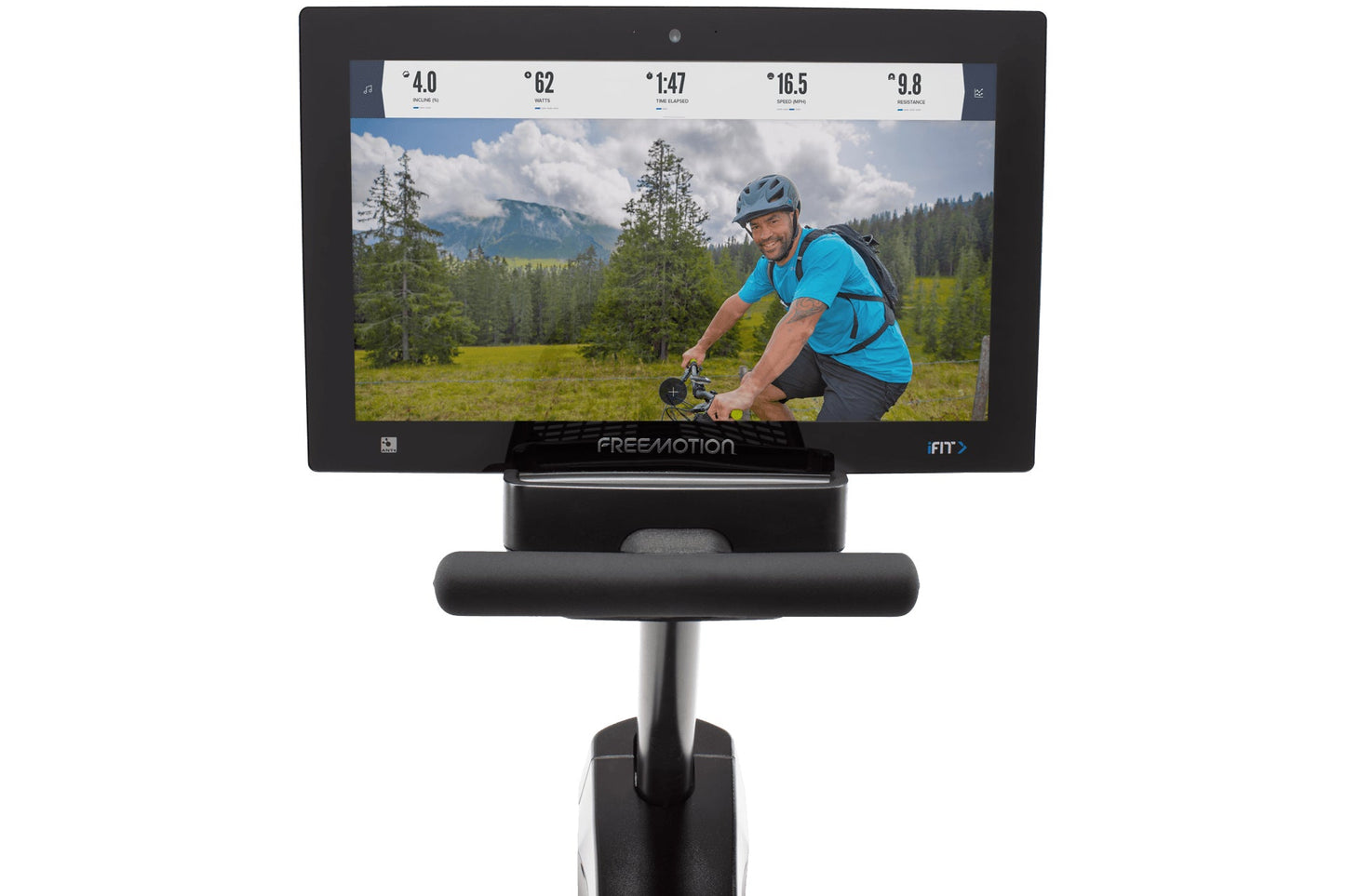 Freemotion R22.9 recumbent exercise bike with black frame and padded seat, displaying cycling workout metrics on screen