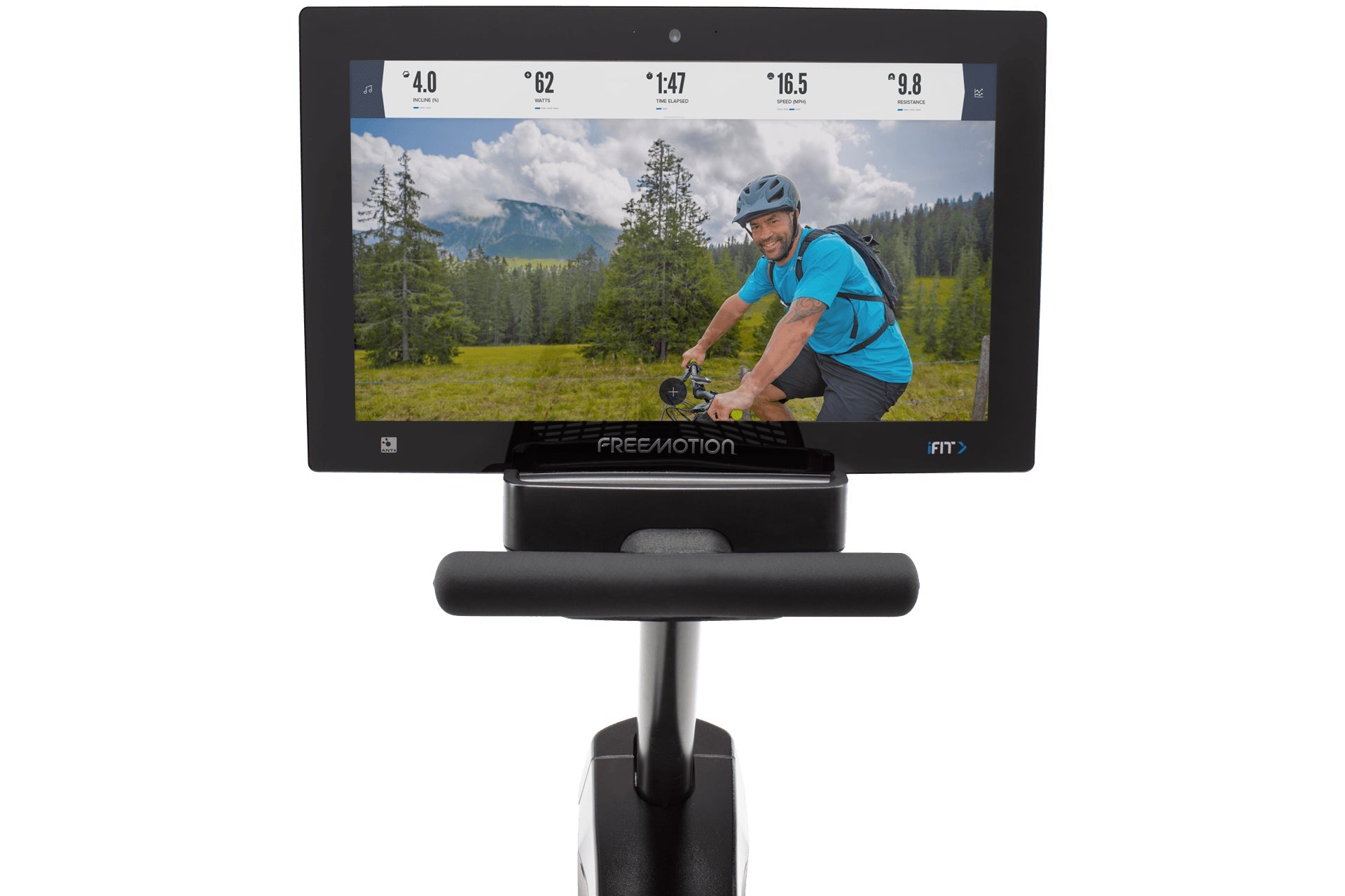 Freemotion R22.9 recumbent exercise bike with black frame and padded seat, displaying cycling workout metrics on screen