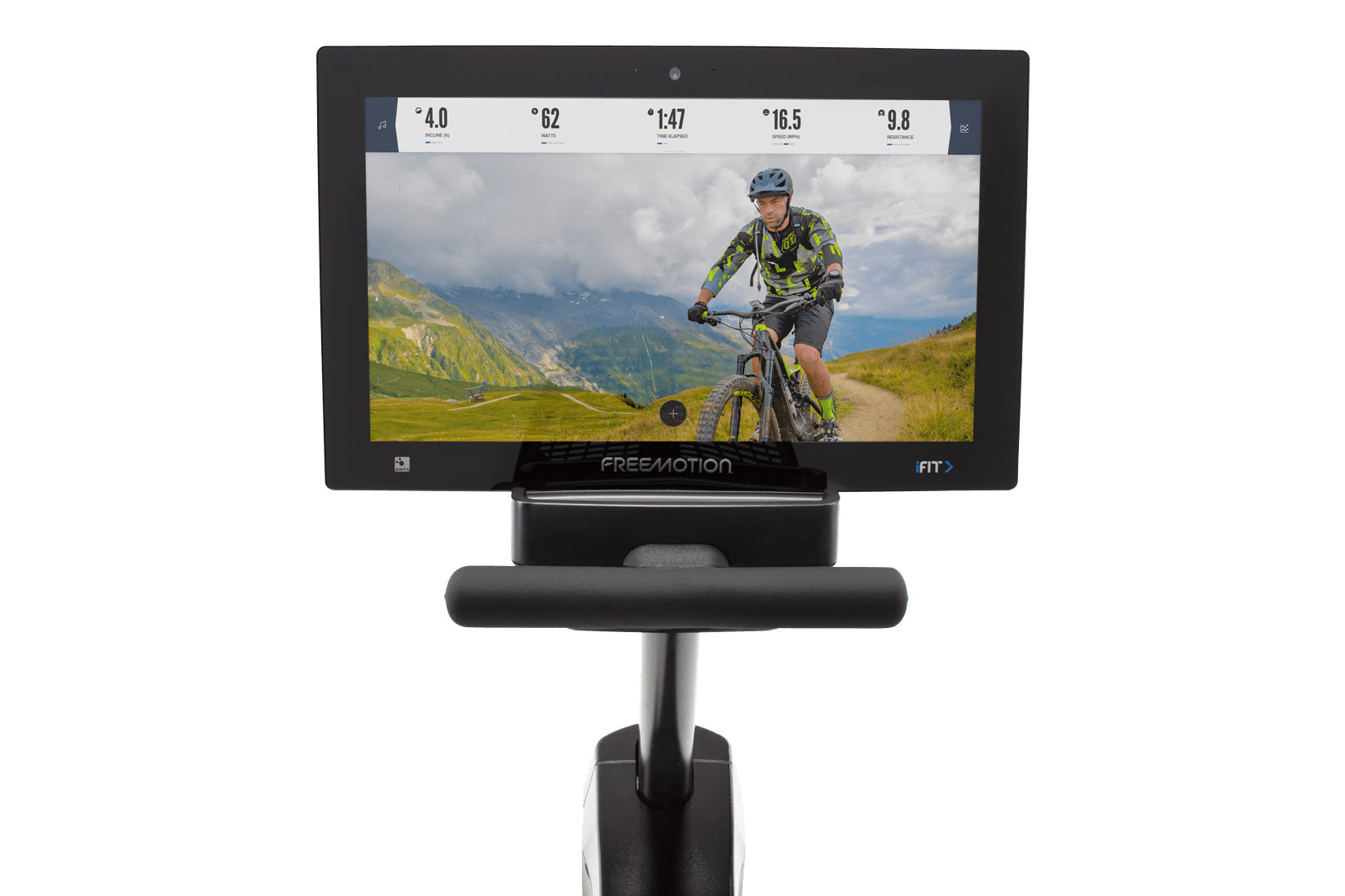 Freemotion FIT r22.9 recumbent exercise bike with black frame and display screen showing mountain biking metrics, on white ba
