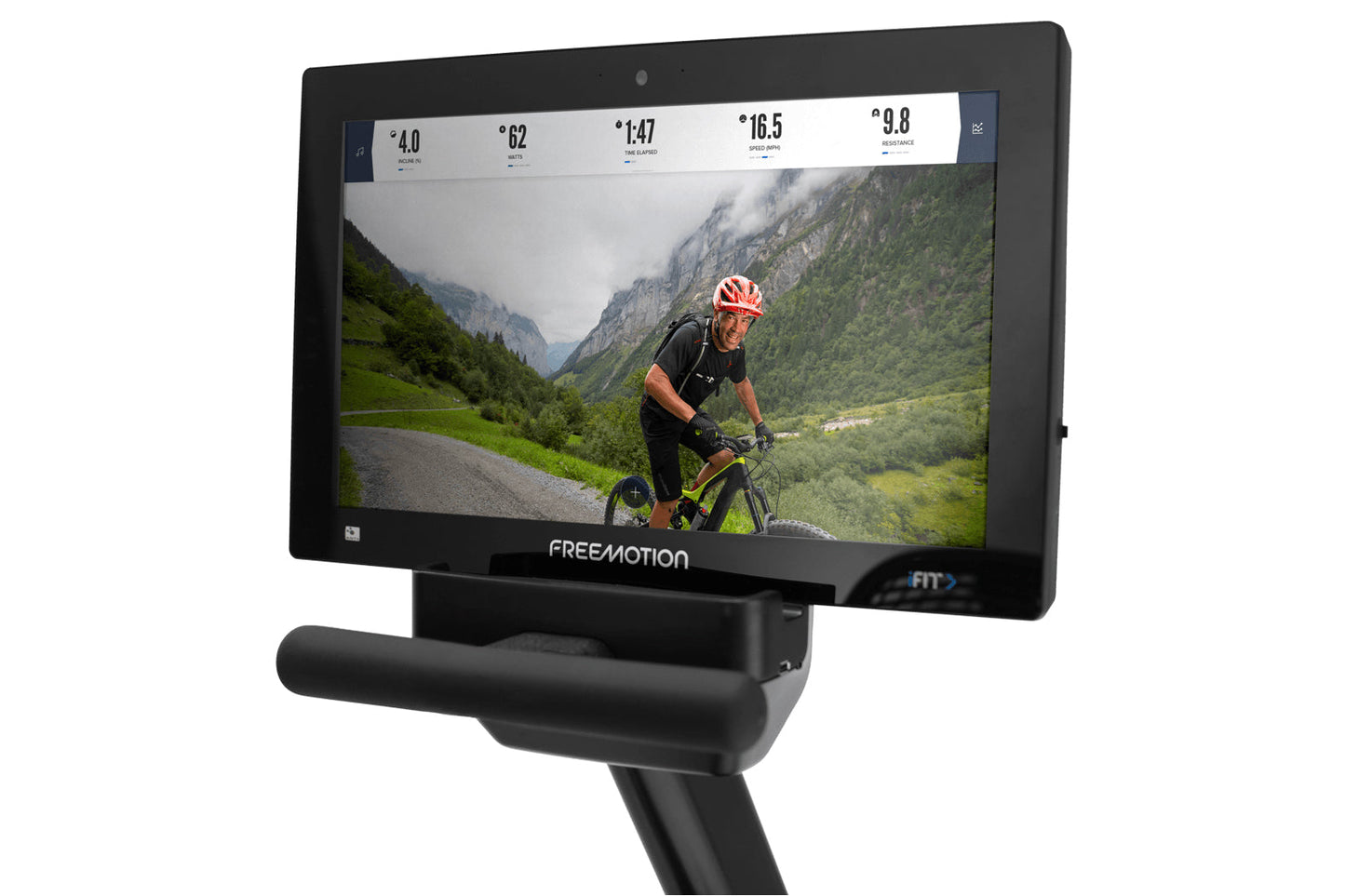 Freemotion R22.9 recumbent exercise bike displaying cycling workout metrics on black screen with mounted stand