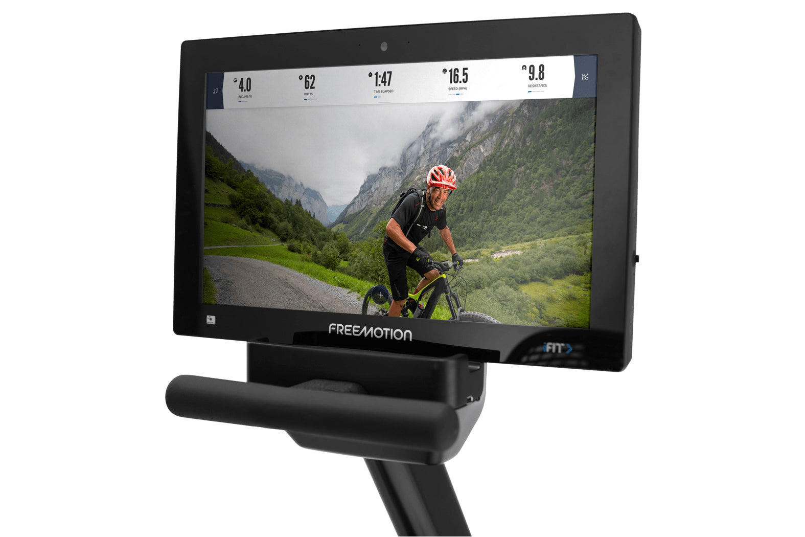 Freemotion R22.9 recumbent exercise bike displaying cycling workout metrics on black screen with mounted stand