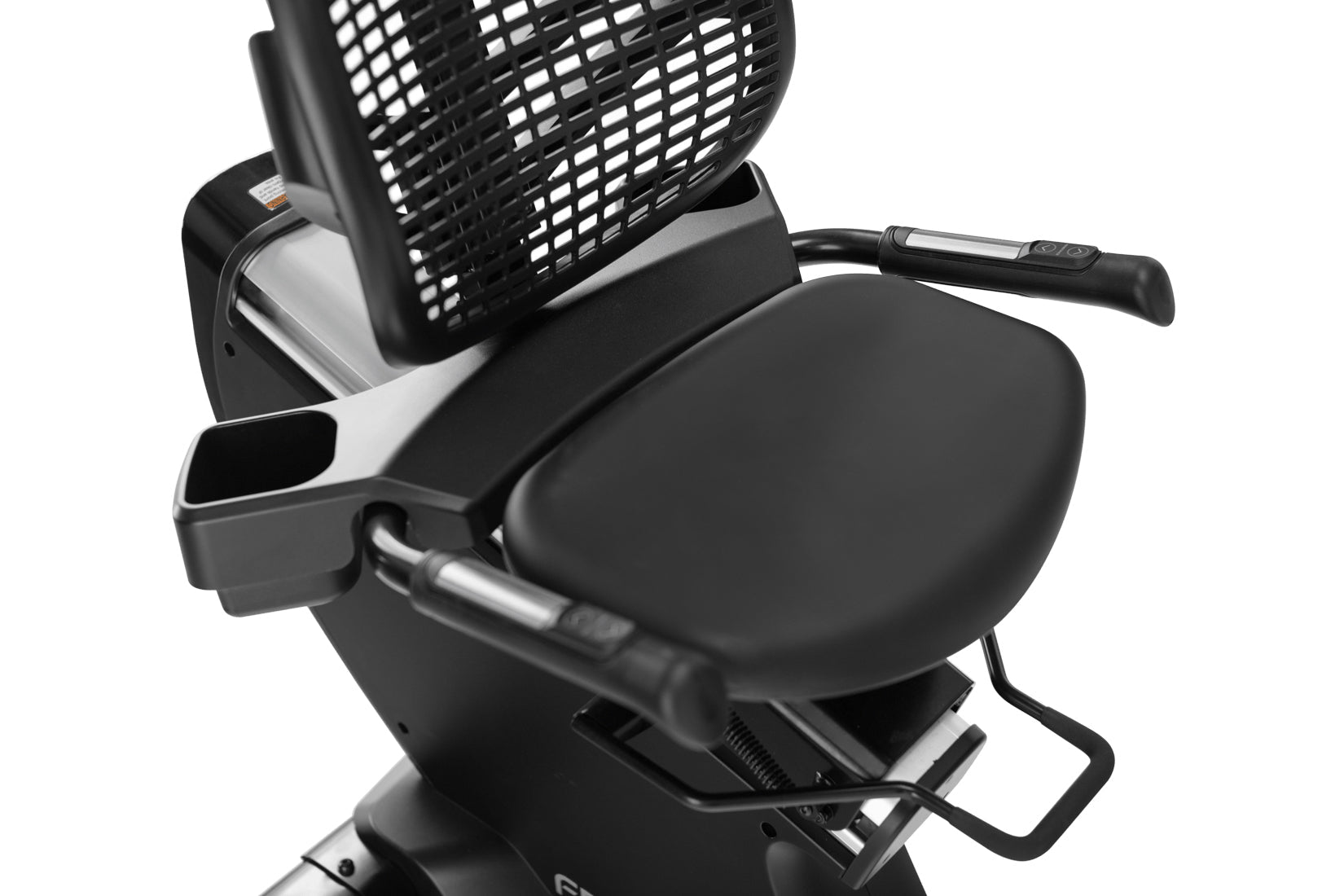 Black and white recumbent exercise bike with grid fan, padded seat, arm handles, and control panel on white background