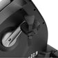 Black recumbent exercise bike seat and footrest detail showing adjustment mechanisms on white background
